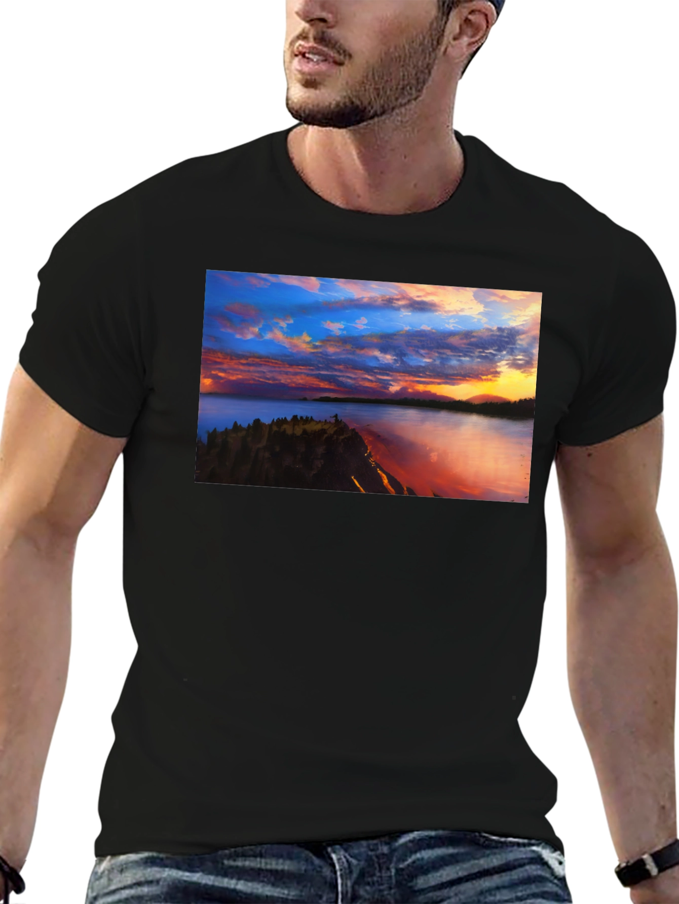 Sunset Lake Graphic Tee - Black Casual T-Shirt