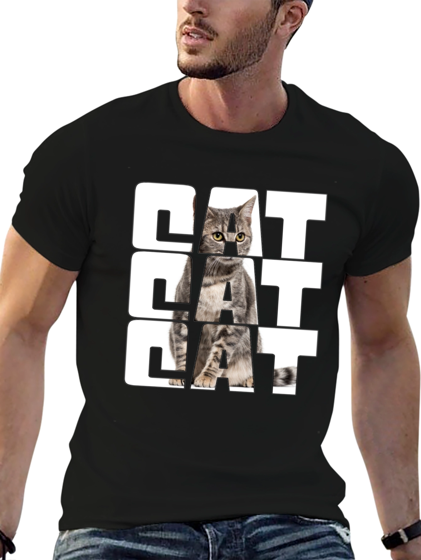 Cat Graphic Print Black T-Shirt