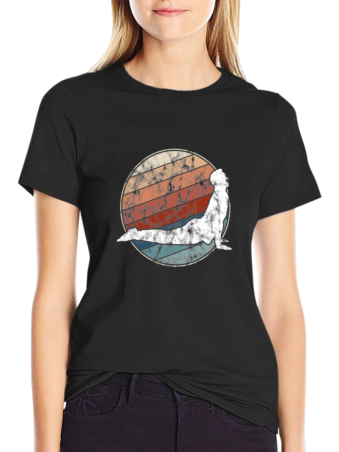 Retro Yoga Pose Graphic Tee - Black
