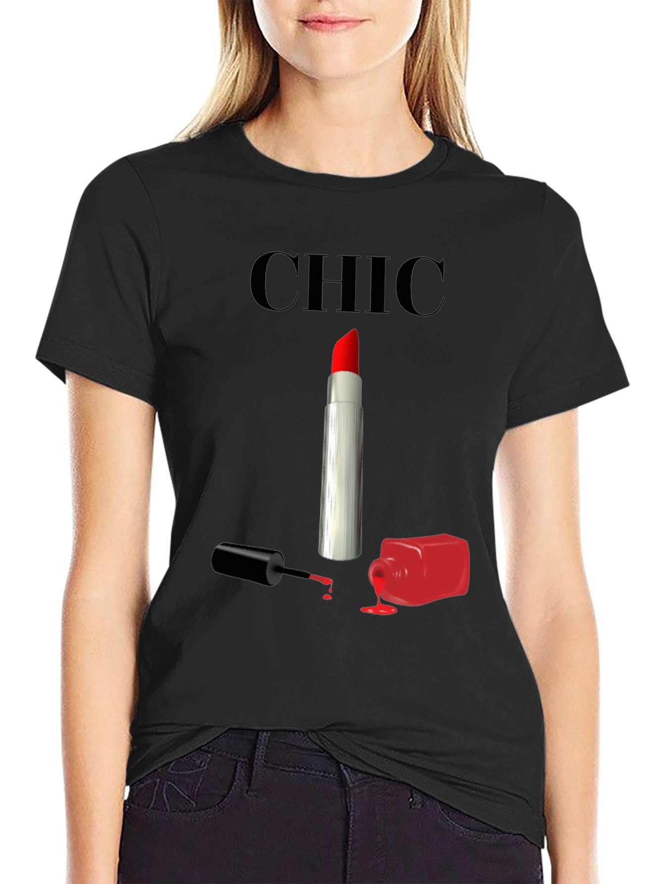 Chic Lipstick & Nail Polish Graphic Tee - Black