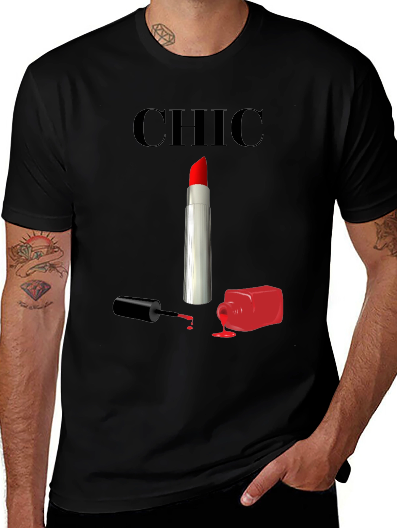 Chic Lipstick & Nail Polish Graphic Tee - Black