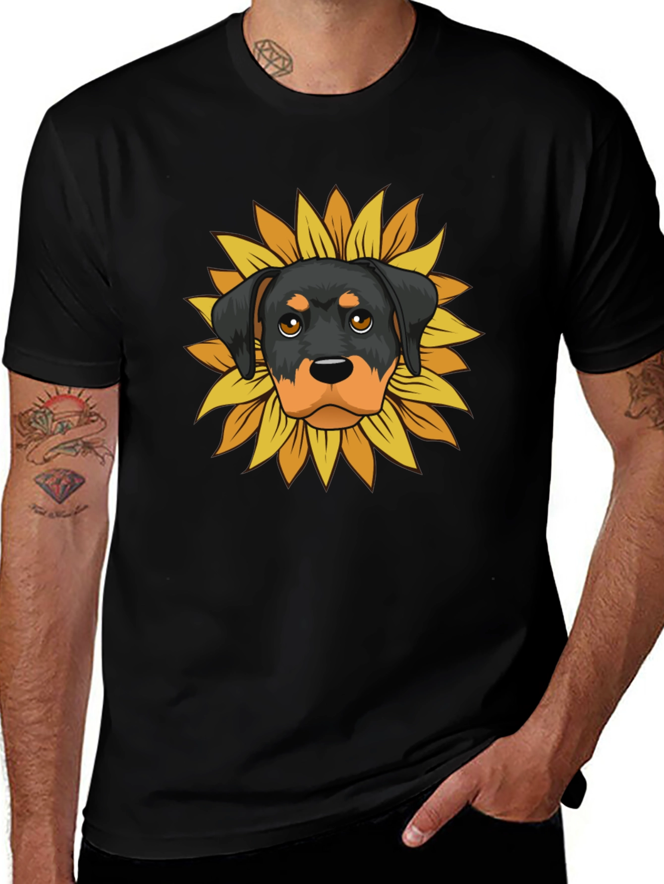 Rottweiler Sunflower Graphic Tee - Black