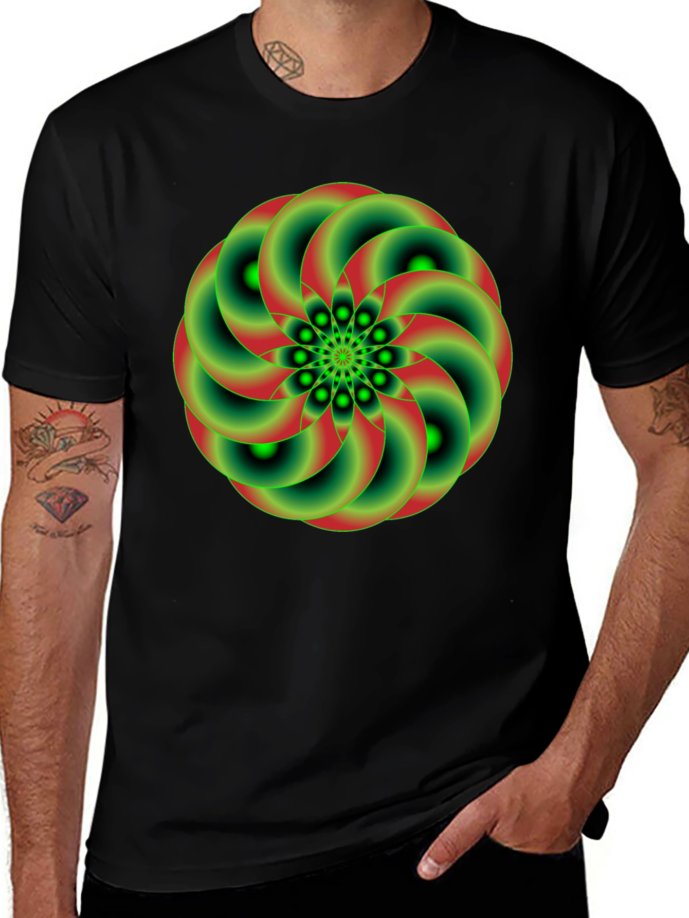 Geometric Green & Red Swirl Graphic Tee