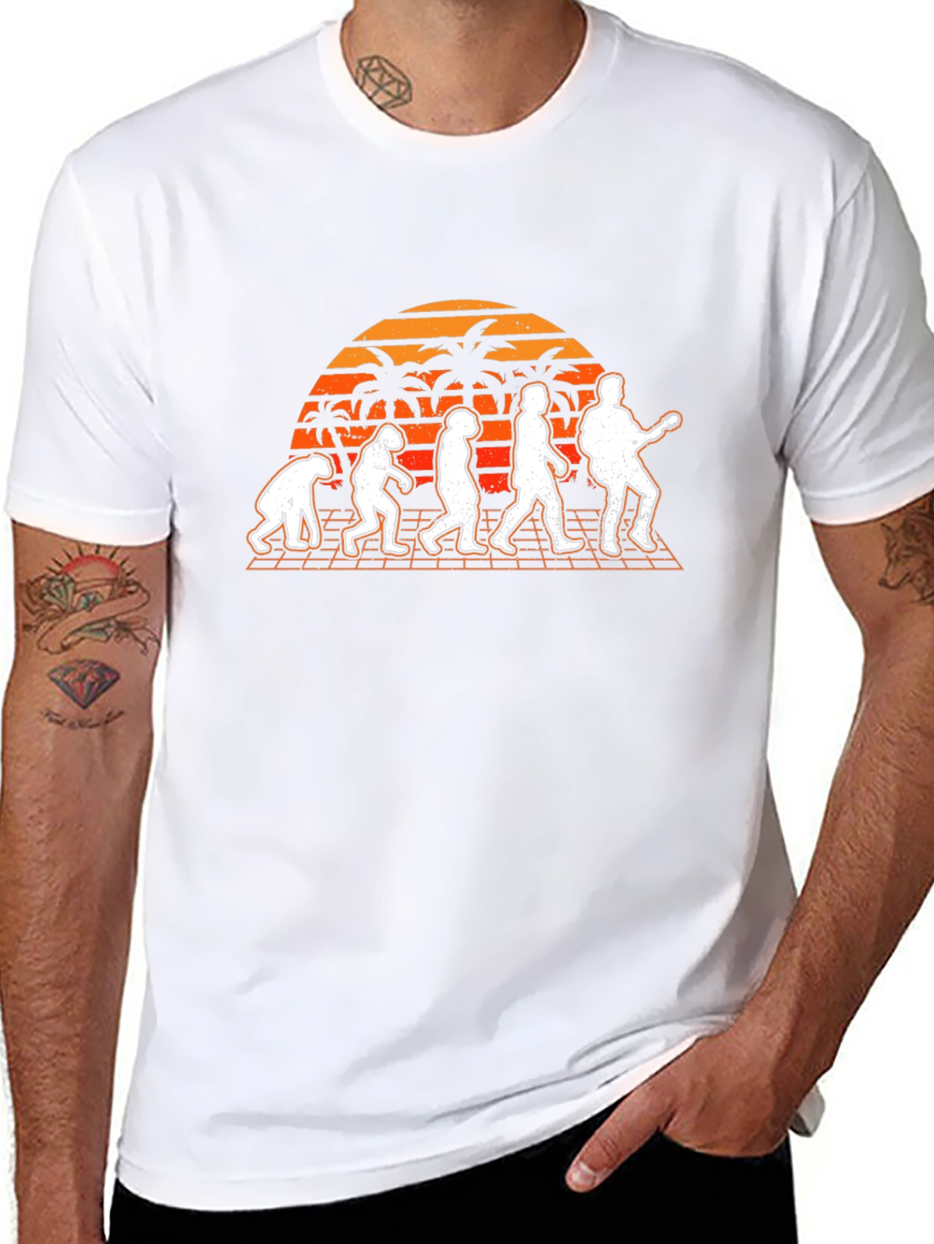 Evolution of Guitarist T-Shirt - Retro Sunset Design