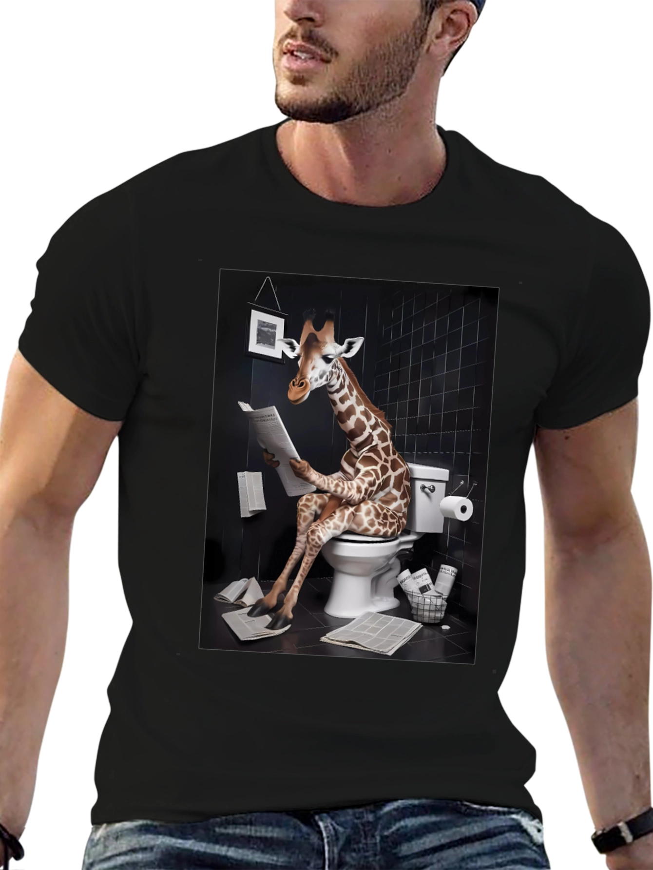 Giraffe on Toilet Funny Graphic T-Shirt