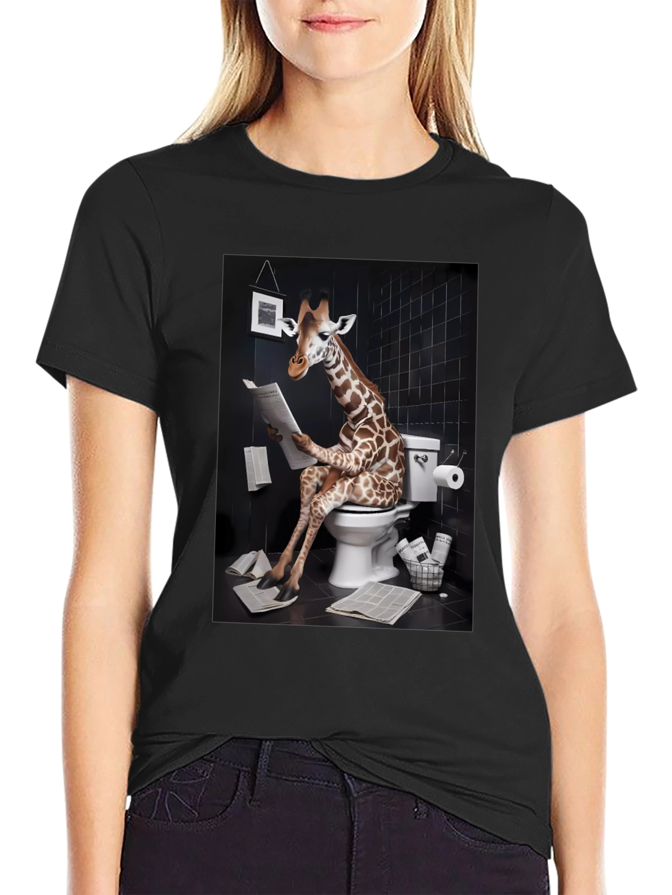 Giraffe on Toilet Funny Graphic T-Shirt