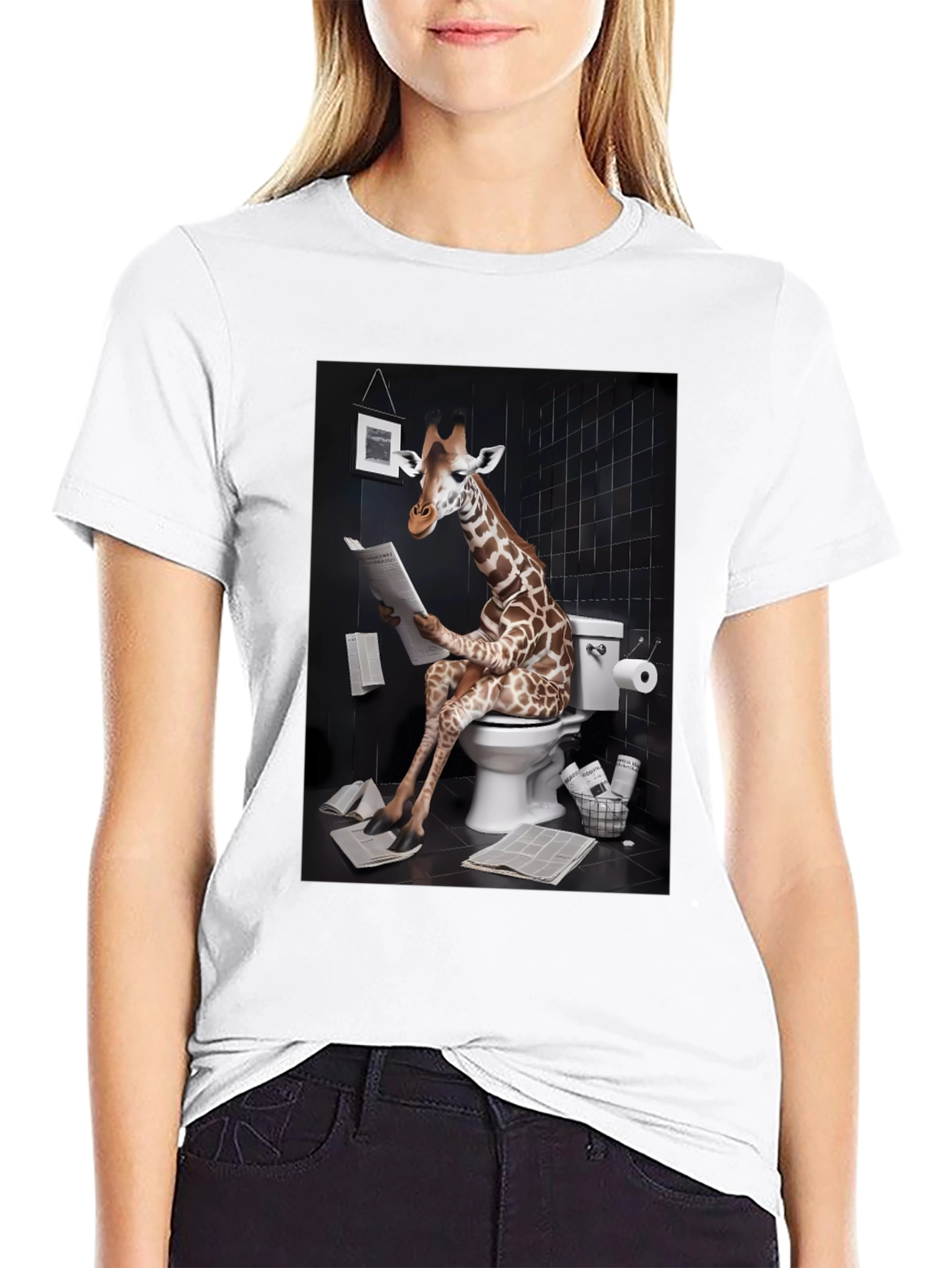 Giraffe on Toilet Funny Graphic T-Shirt