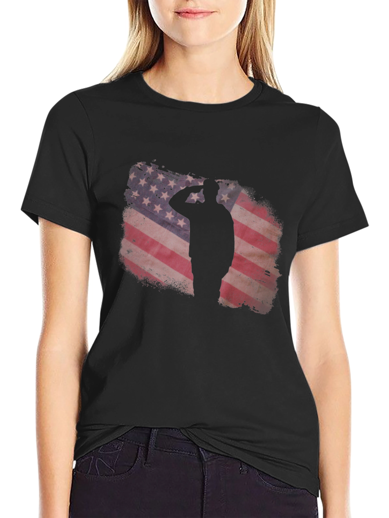 Patriotic American Flag Soldier Silhouette Graphic Tee