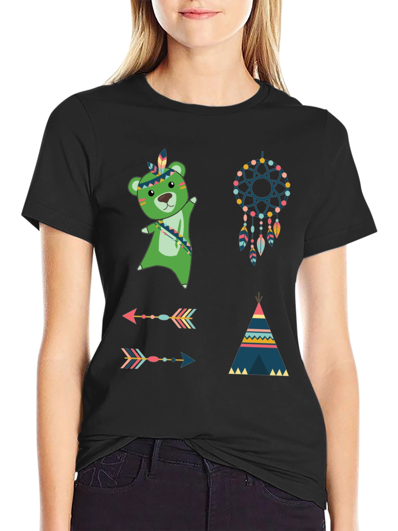 Trendy Graphic Tee: Boho Bear Design