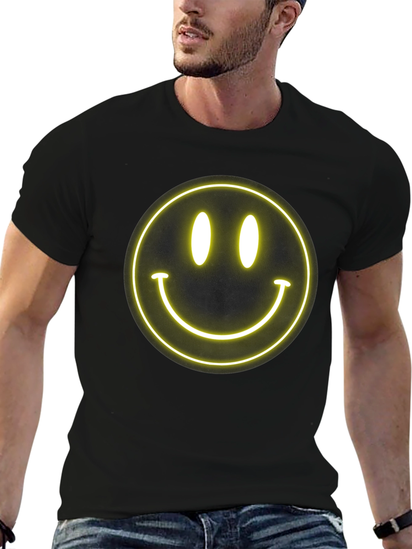 Neon Smiley Face Black T-Shirt - Happy Vibes!