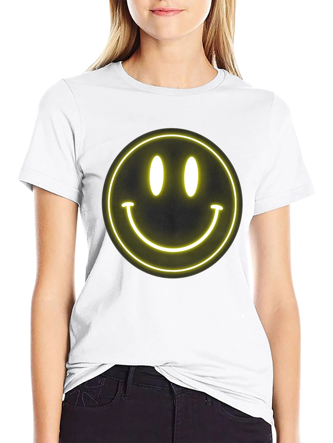 Neon Smiley Face Black T-Shirt - Happy Vibes!