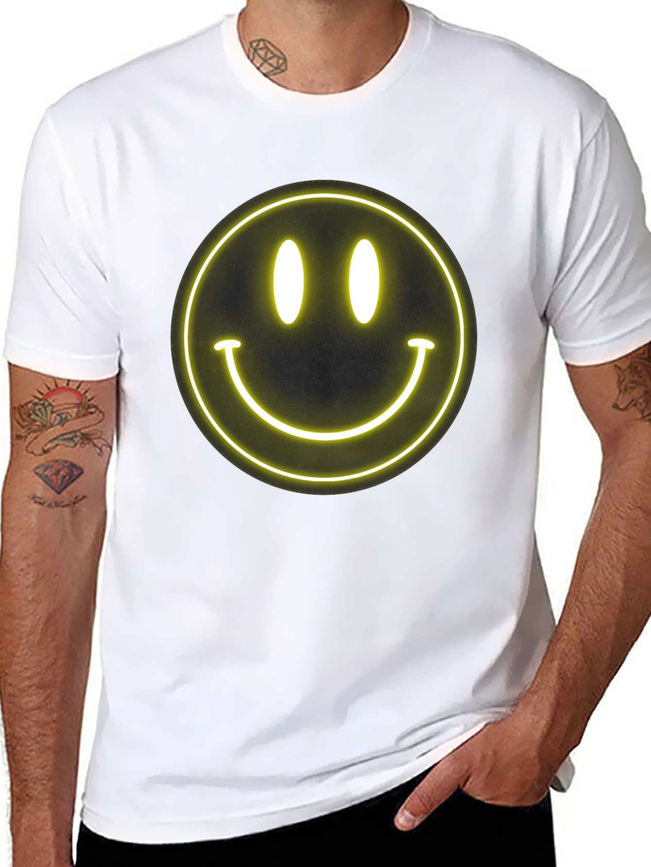 Neon Smiley Face Black T-Shirt - Happy Vibes!