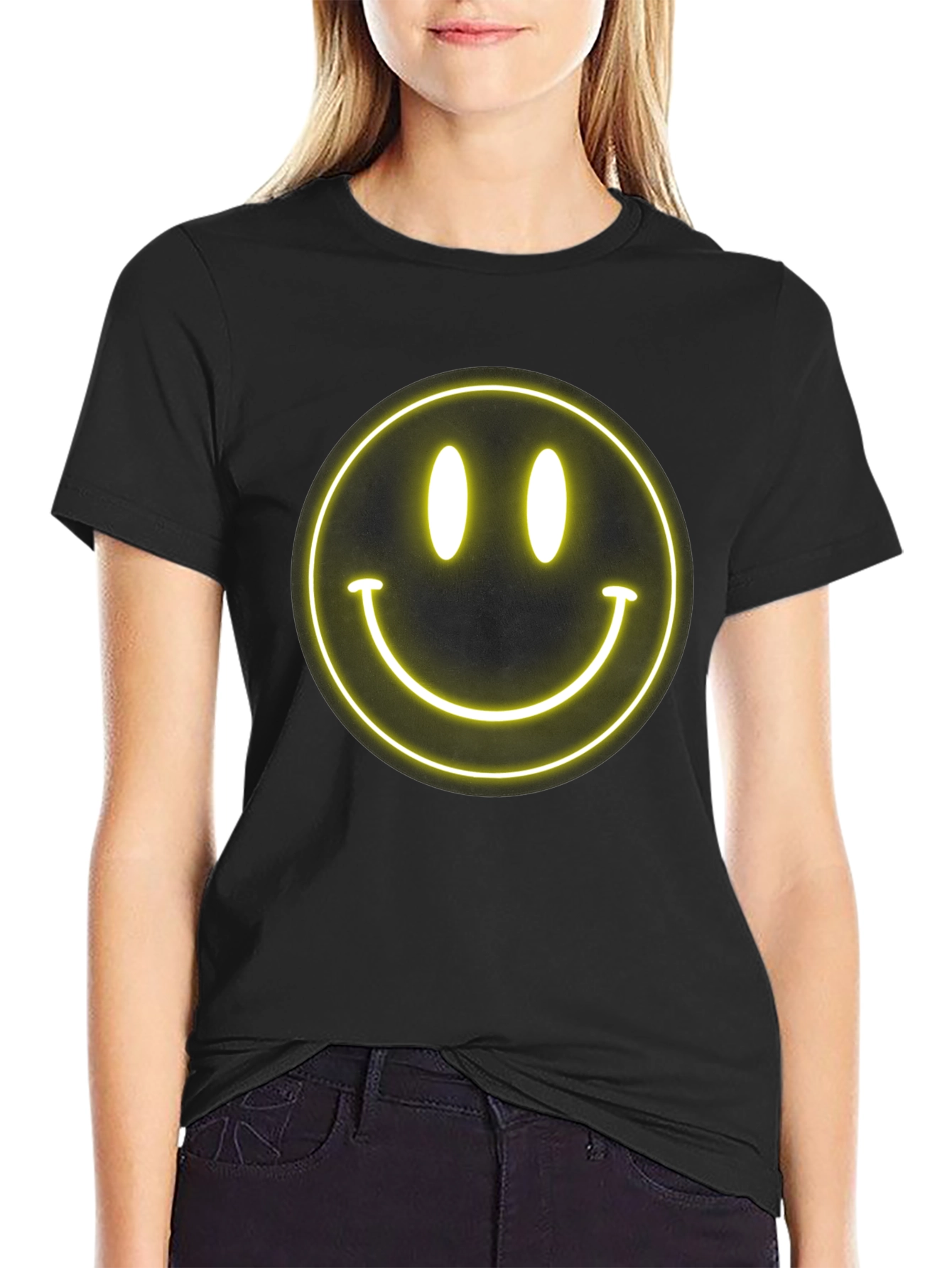 Neon Smiley Face Black T-Shirt - Happy Vibes!