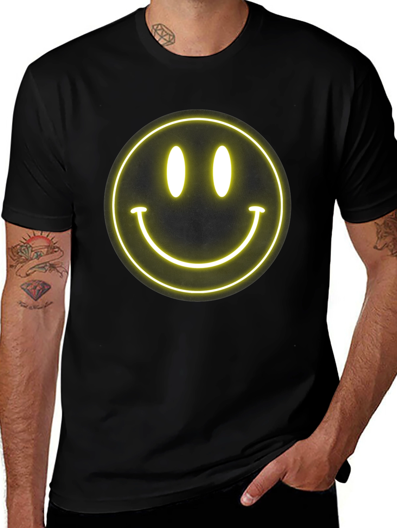 Neon Smiley Face Black T-Shirt - Happy Vibes!