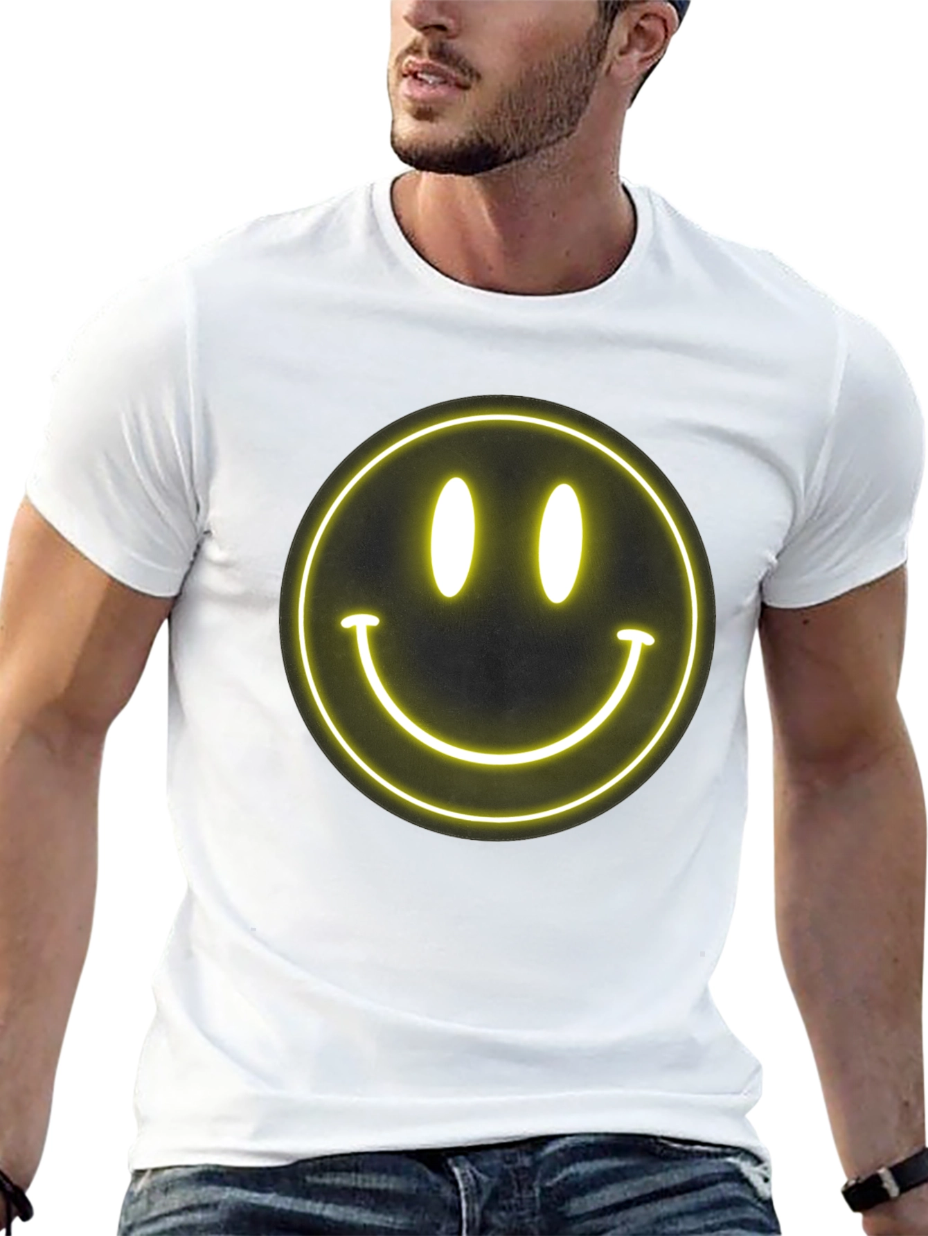 Neon Smiley Face Black T-Shirt - Happy Vibes!