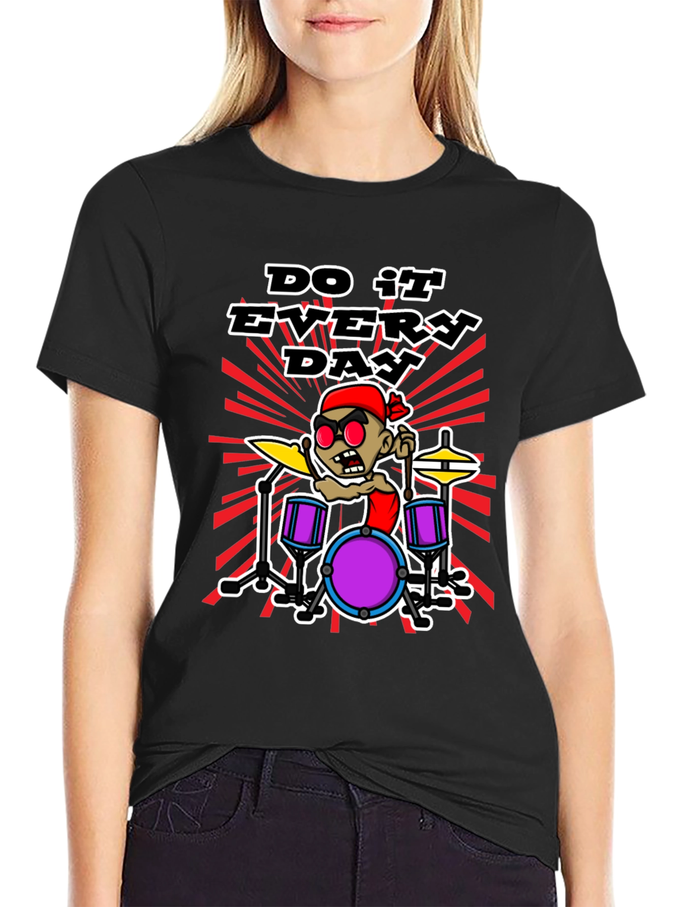 Do It Everyday Cartoon Drummer Black T-Shirt