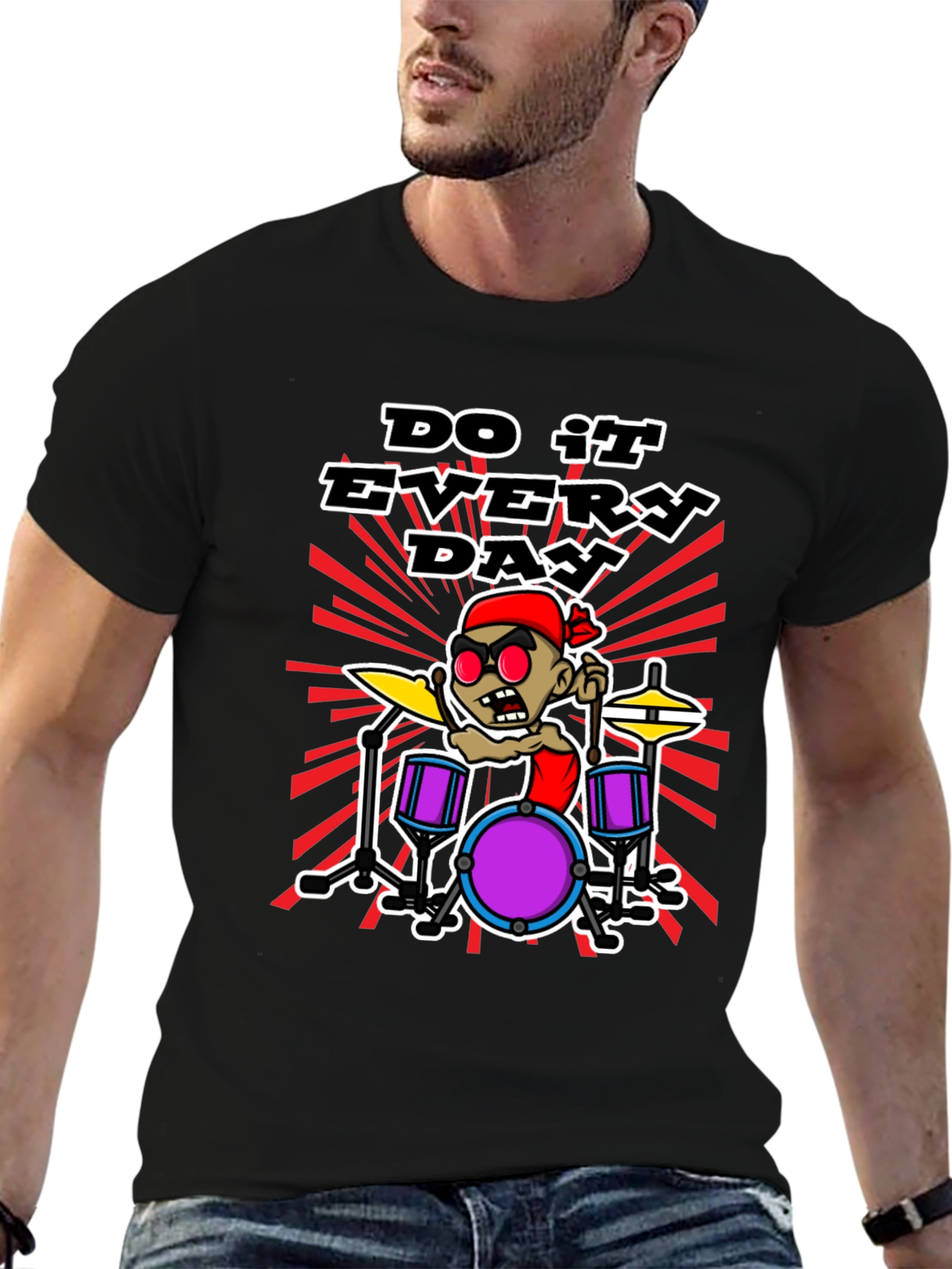 Do It Everyday Cartoon Drummer Black T-Shirt