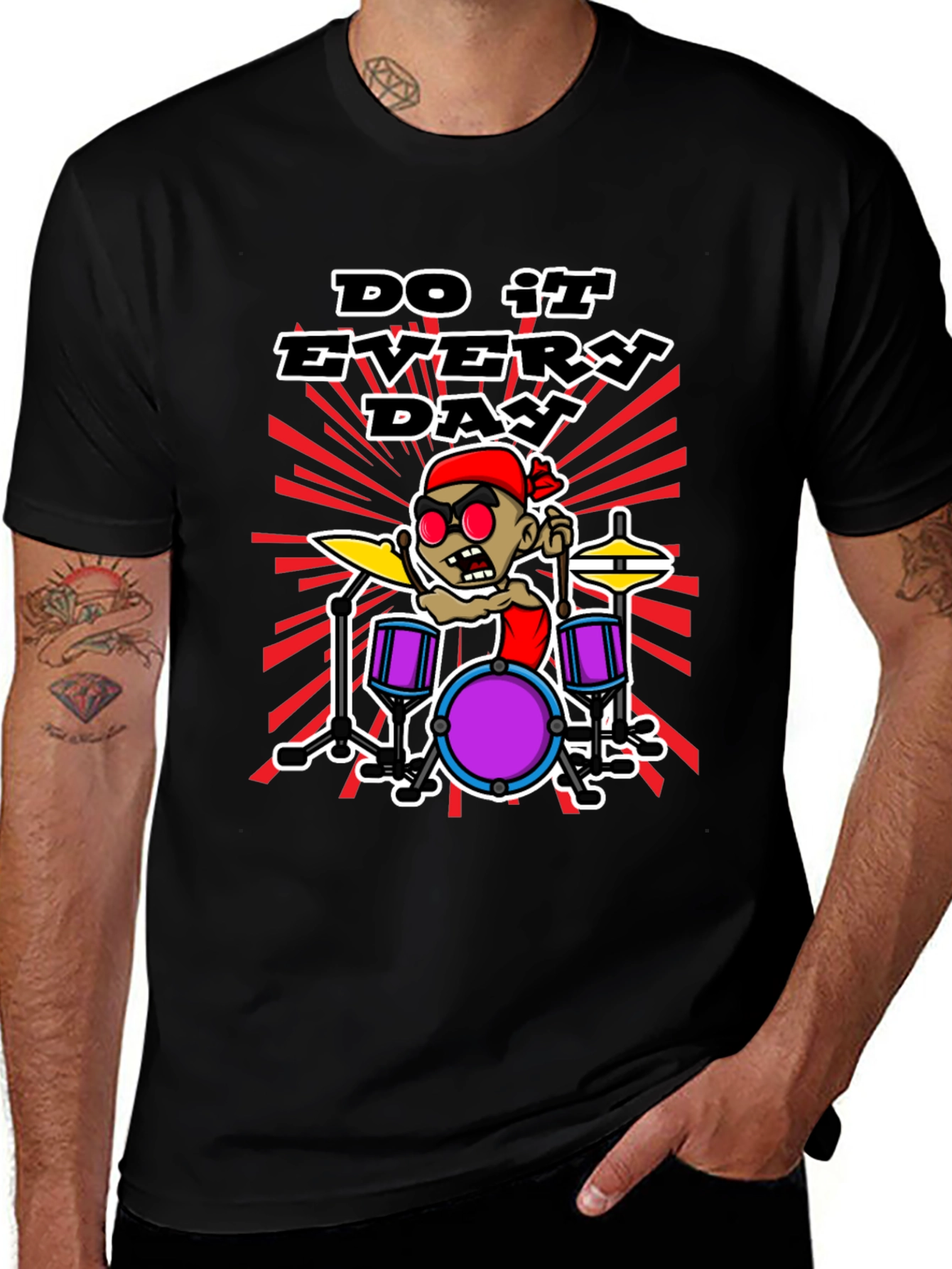 Do It Everyday Cartoon Drummer Black T-Shirt