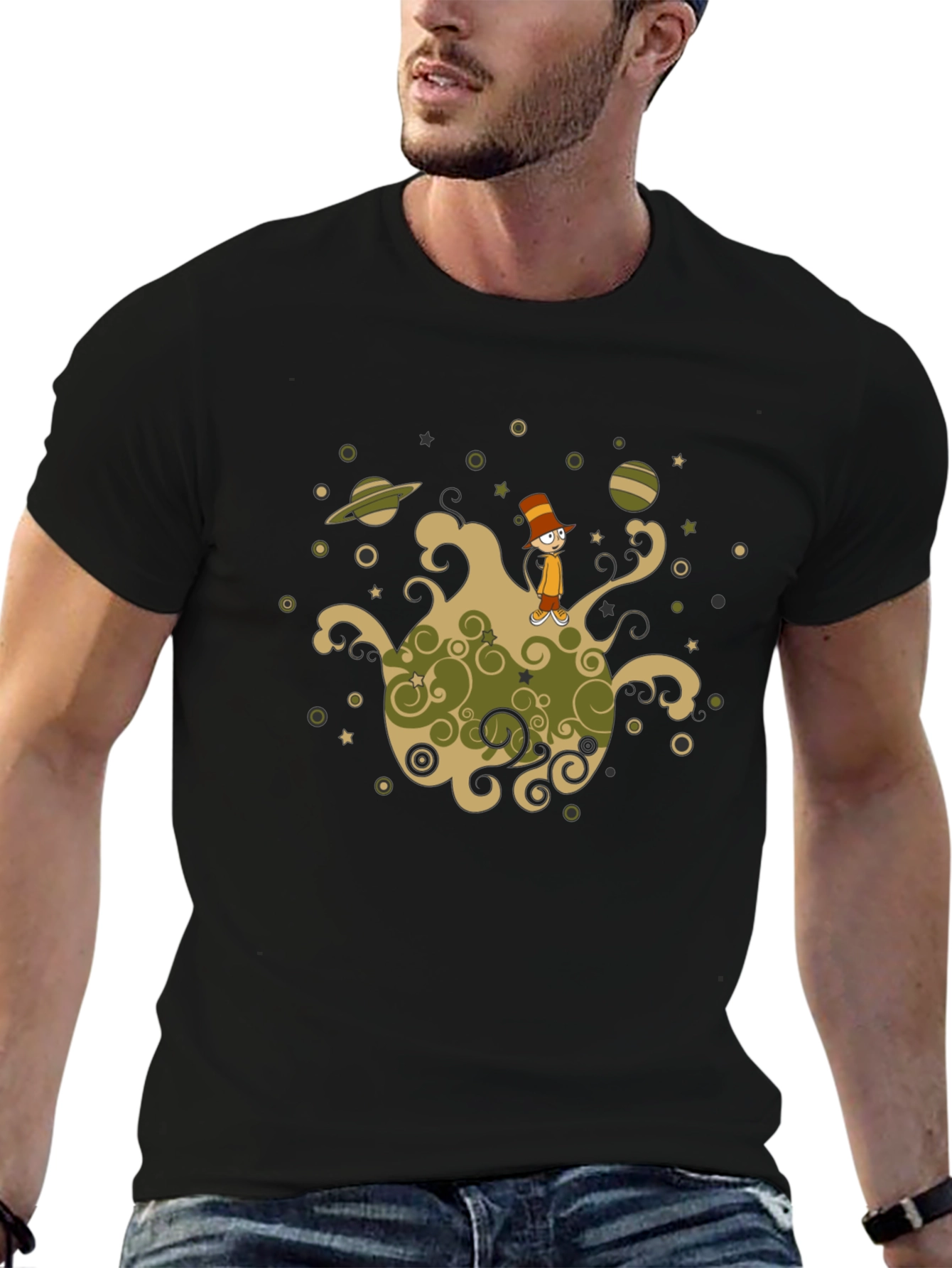 Cosmic Cartoon Graphic T-Shirt - Black