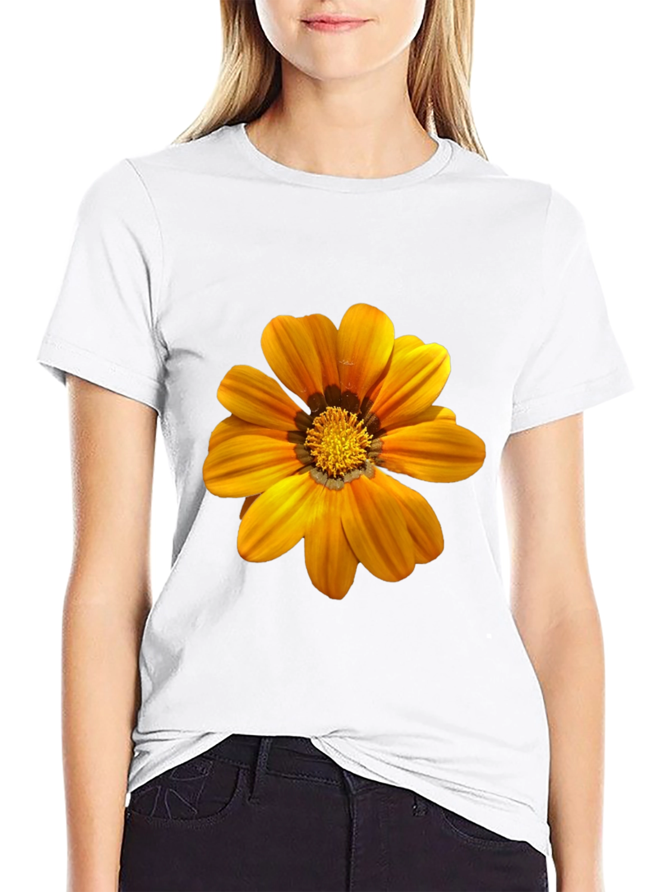 Mens Black T-Shirt with Vibrant Orange Flower Print