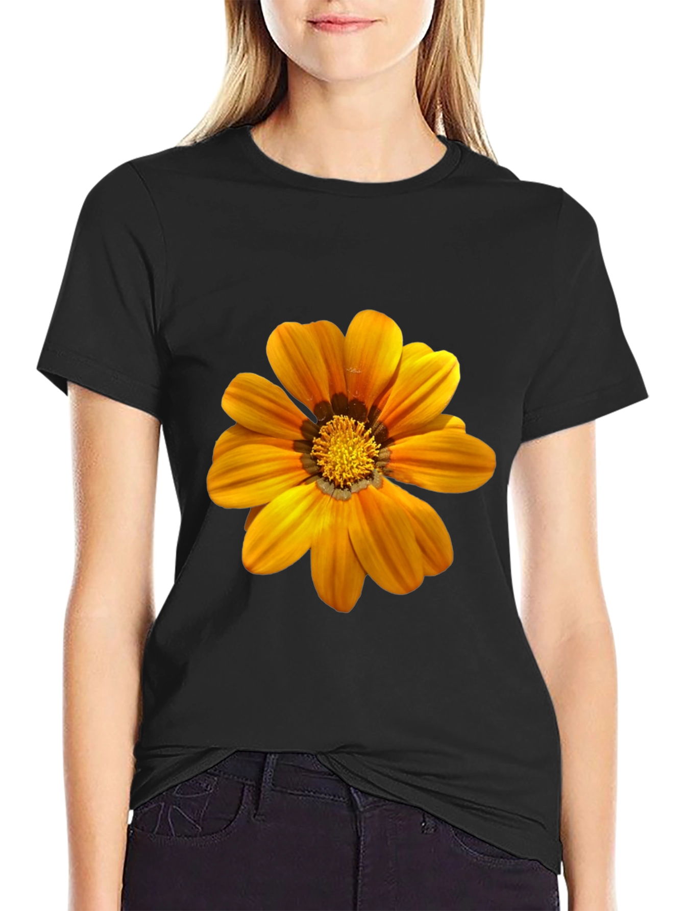 Mens Black T-Shirt with Vibrant Orange Flower Print