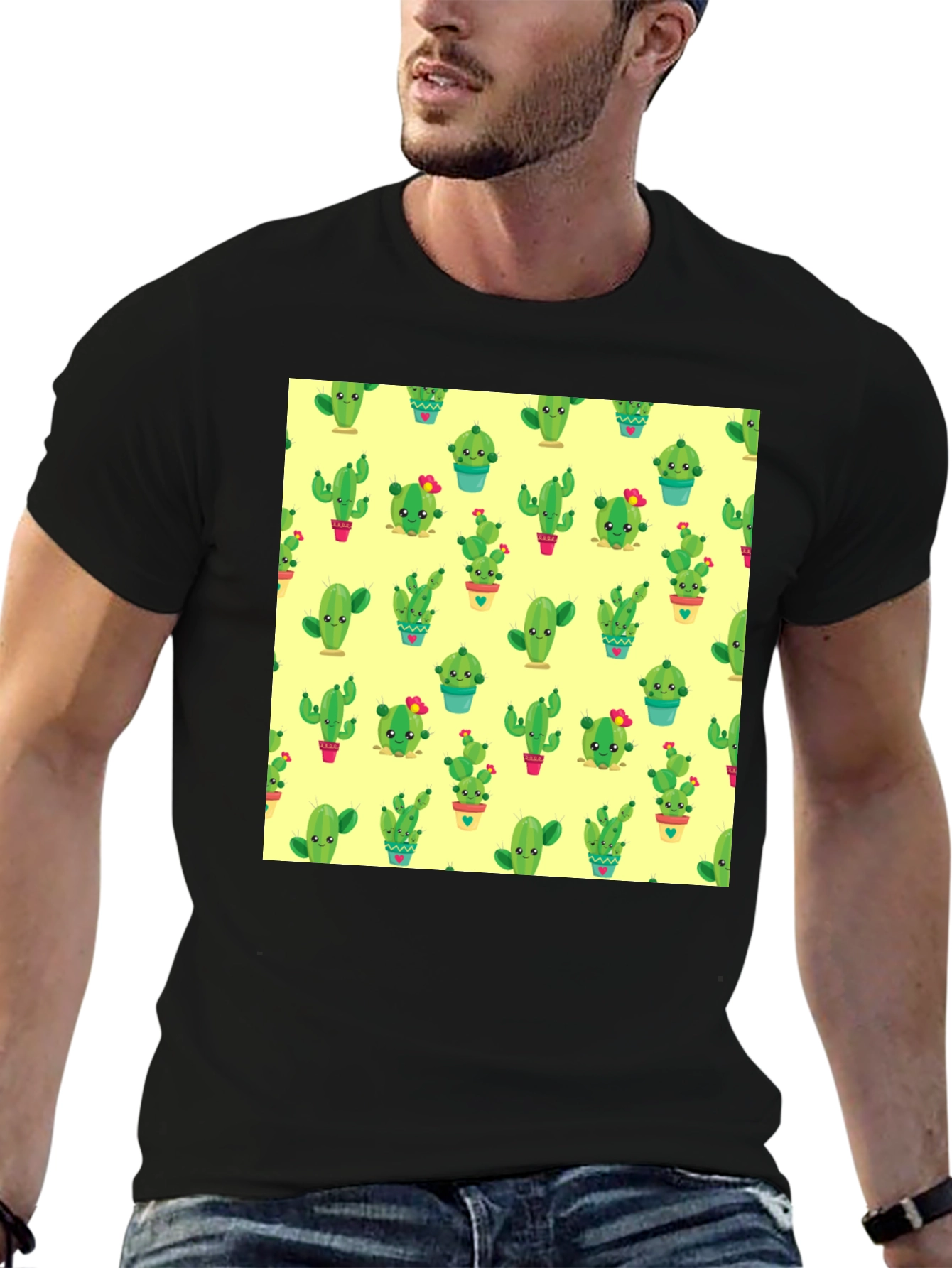 Cactus Print Black T-Shirt - Trendy & Fun