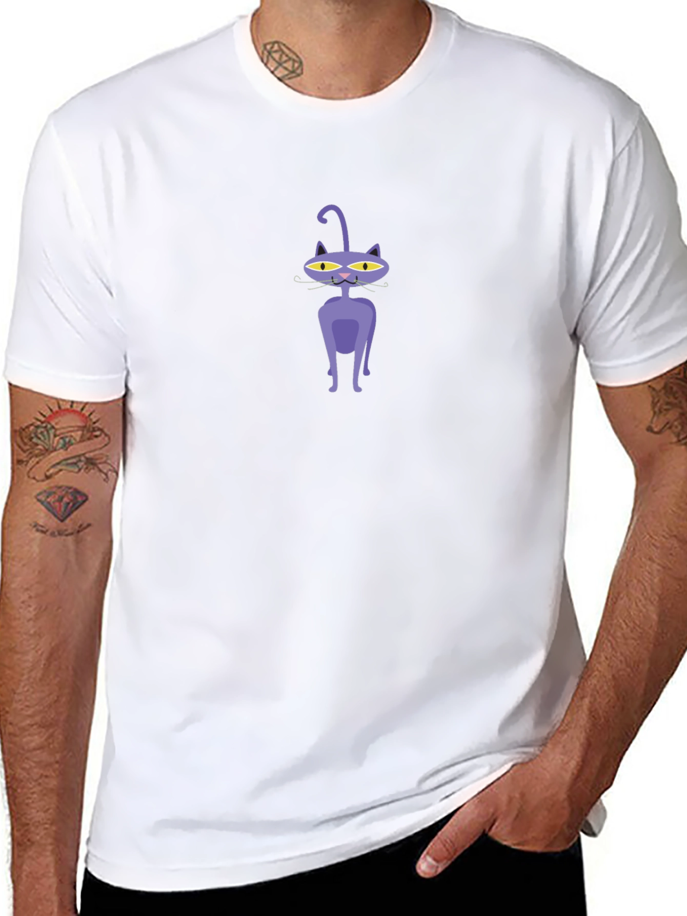 Mens Black T-Shirt with Cartoon Purple Cat Design