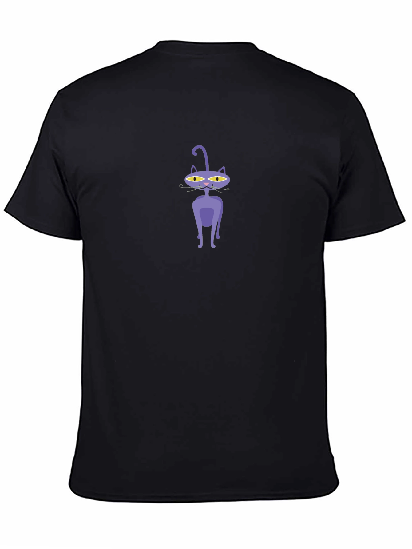 Mens Black T-Shirt with Cartoon Purple Cat Design