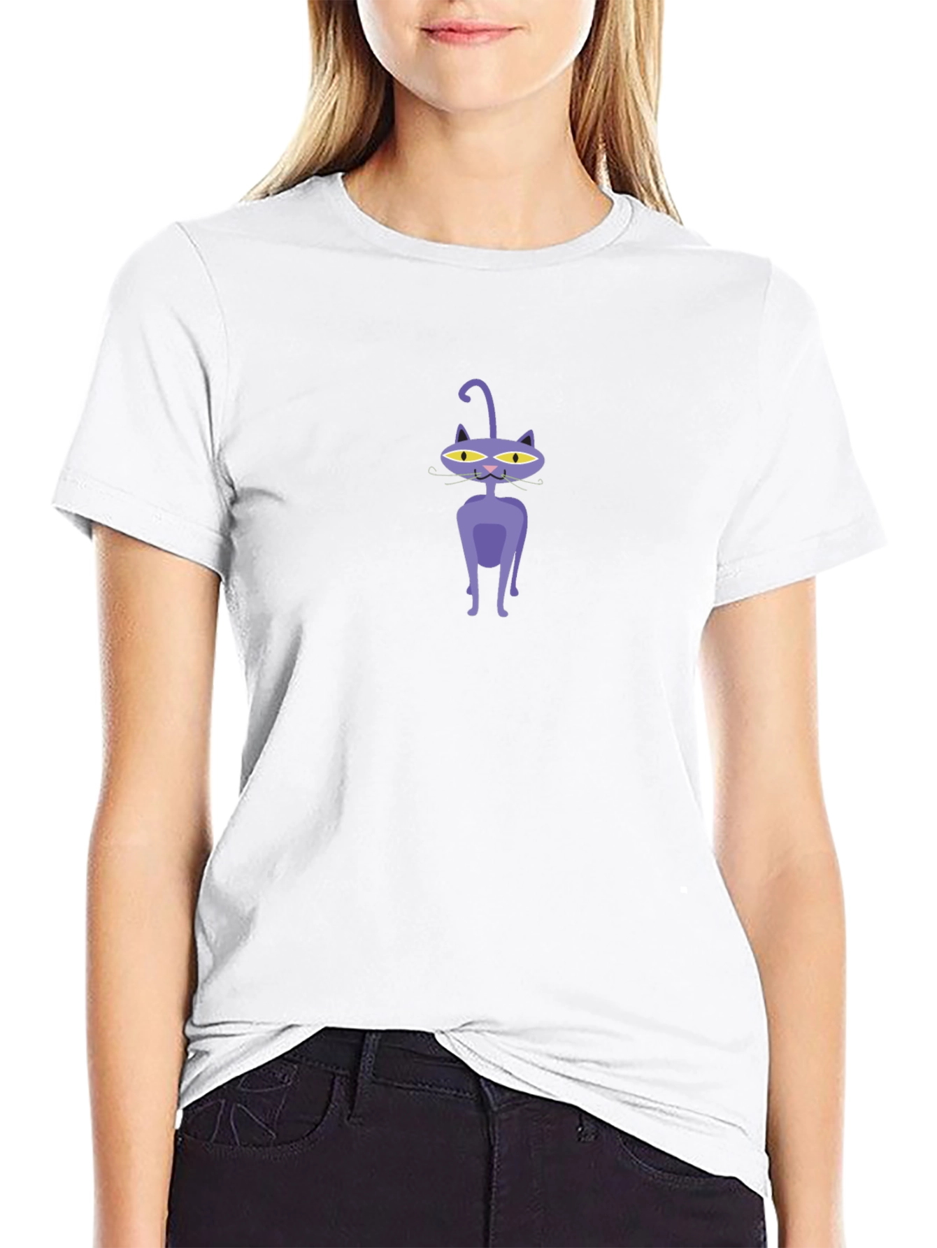 Mens Black T-Shirt with Cartoon Purple Cat Design