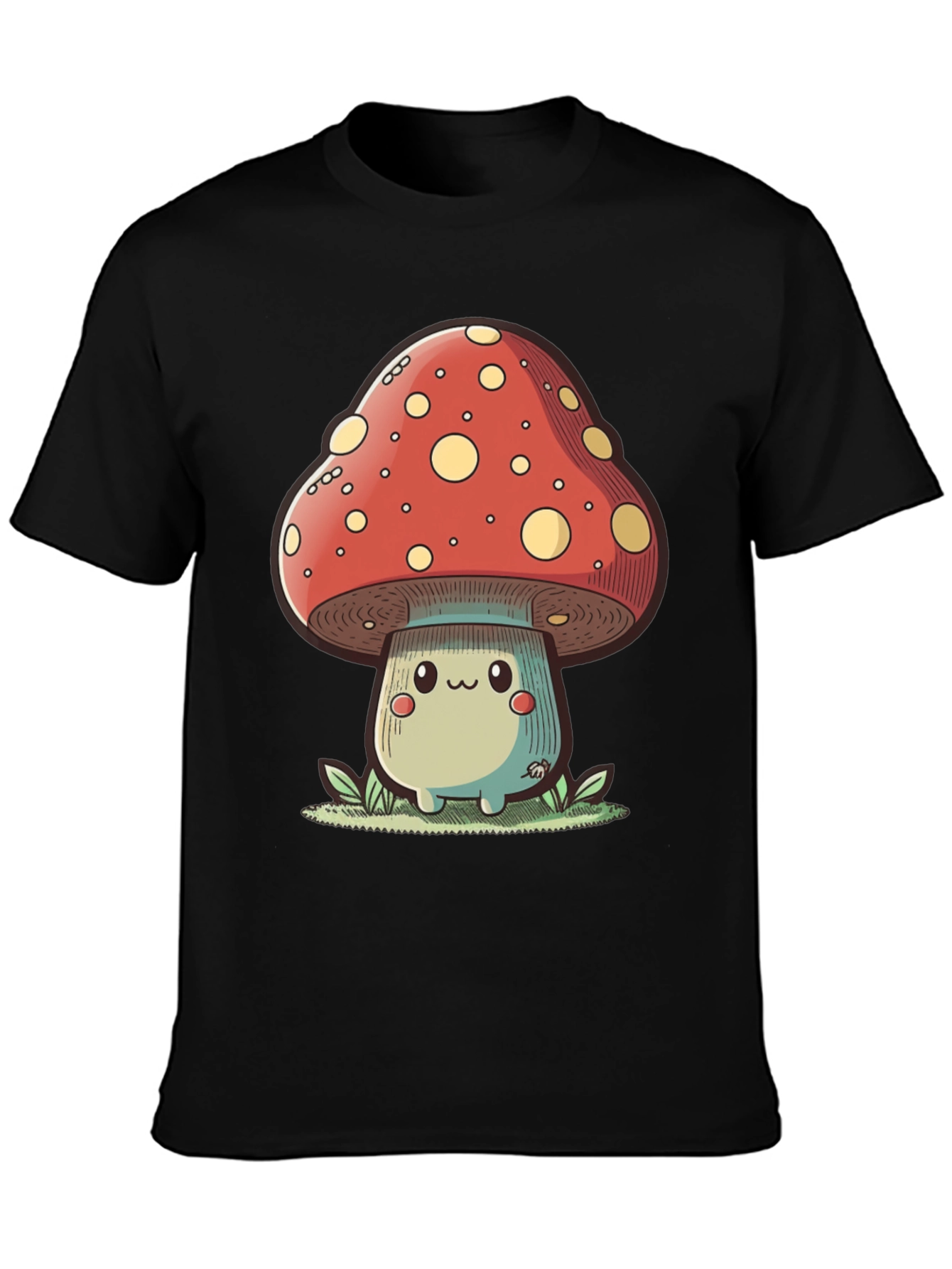 Cute Mushroom Graphic Tee - Black Cotton T-Shirt