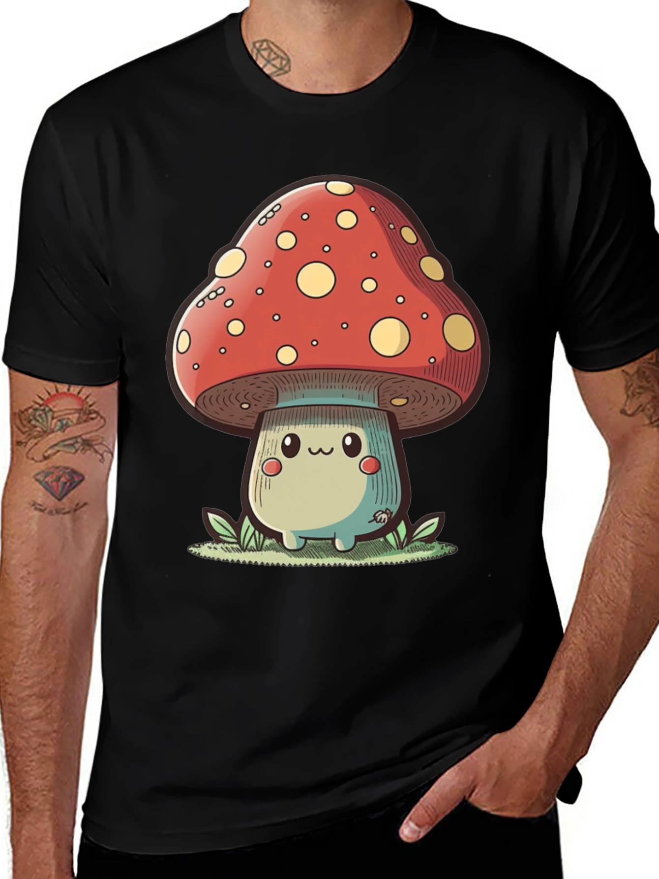 Cute Mushroom Graphic Tee - Black Cotton T-Shirt