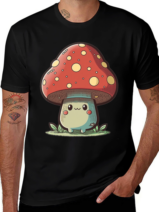 Cute Mushroom Graphic Tee - Black Cotton T-Shirt