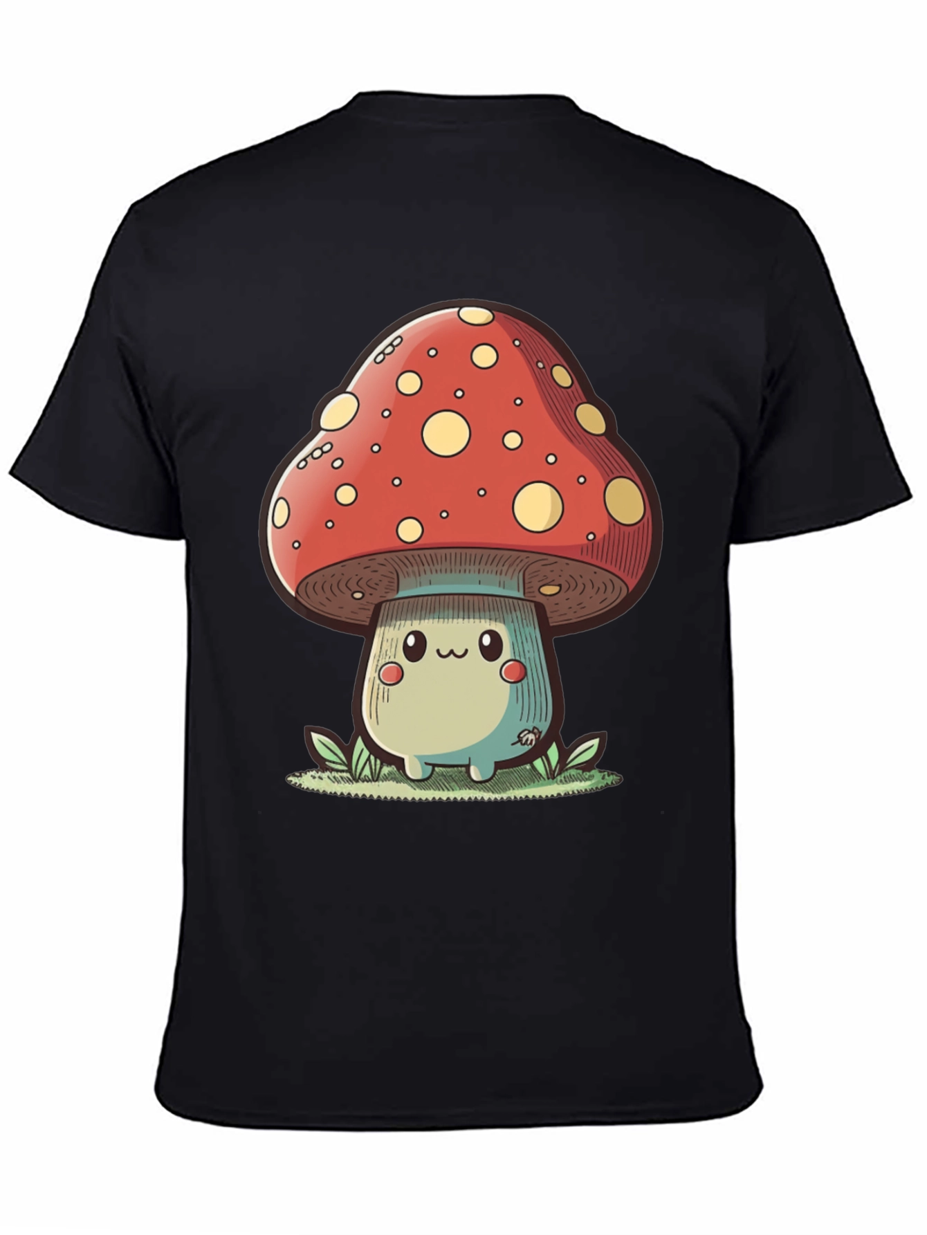 Cute Mushroom Graphic Tee - Black Cotton T-Shirt