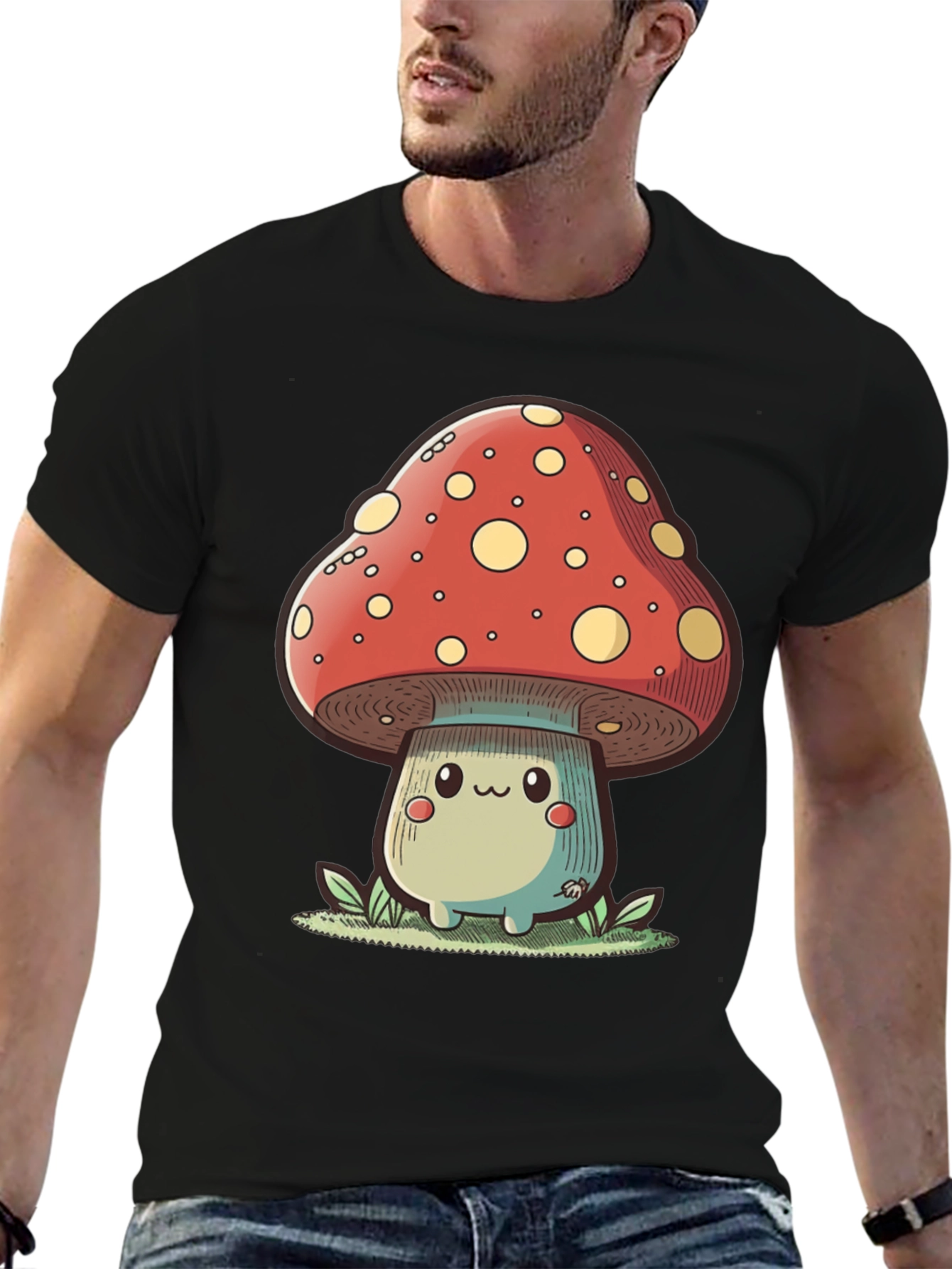 Cute Mushroom Graphic Tee - Black Cotton T-Shirt