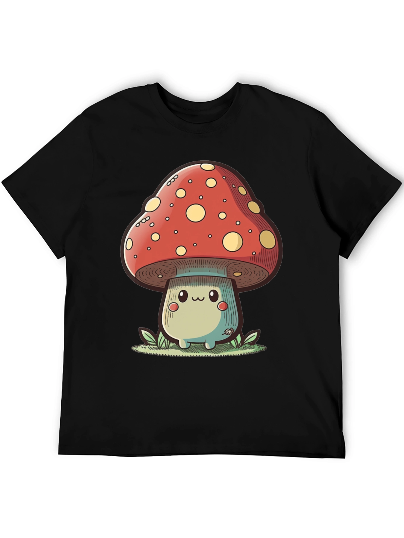 Cute Mushroom Graphic Tee - Black Cotton T-Shirt