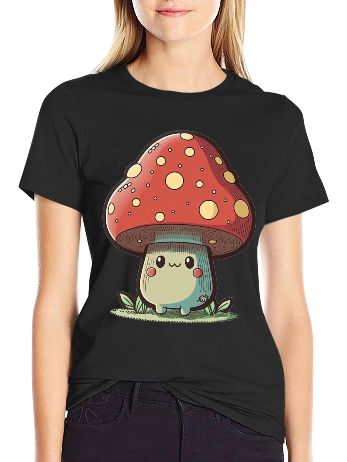 Cute Mushroom Graphic Tee - Black Cotton T-Shirt
