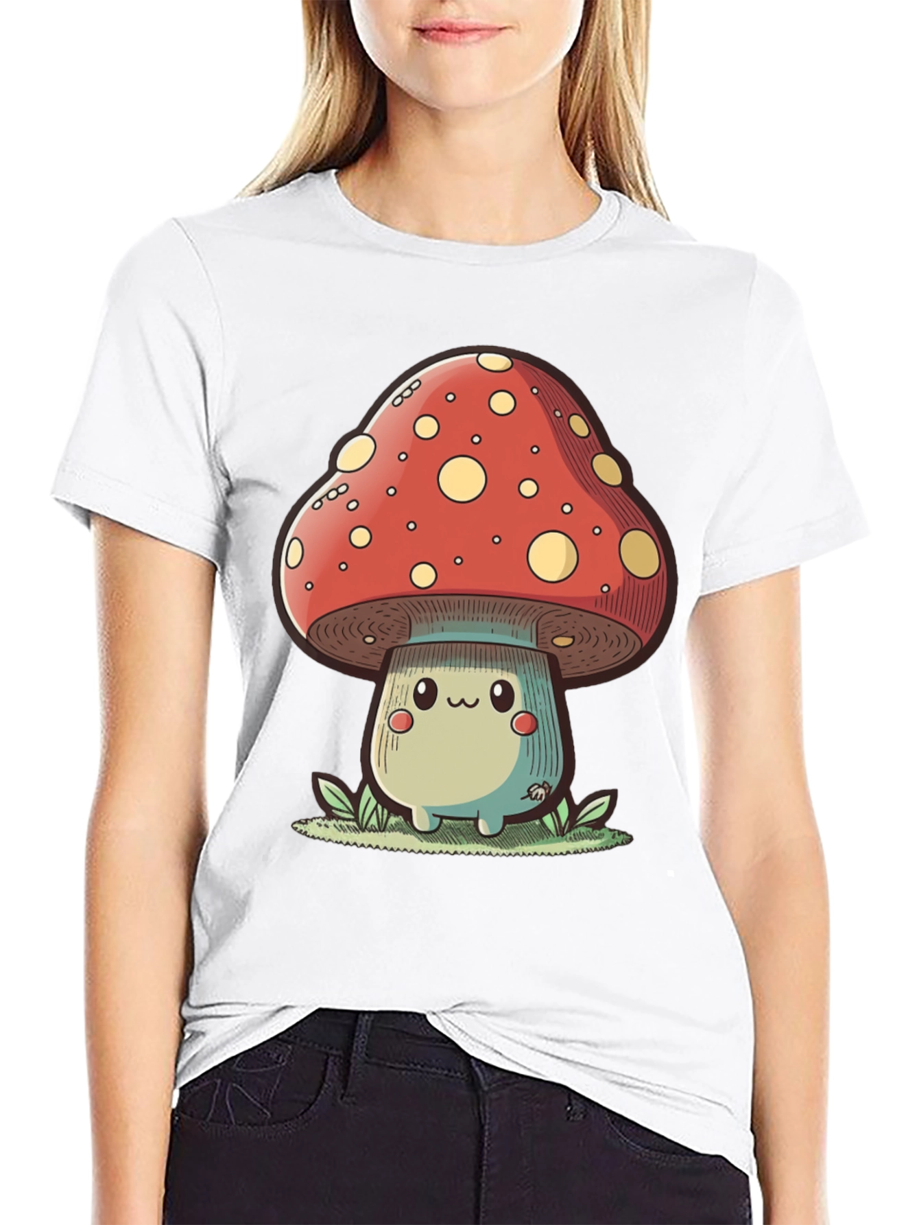 Cute Mushroom Graphic Tee - Black Cotton T-Shirt