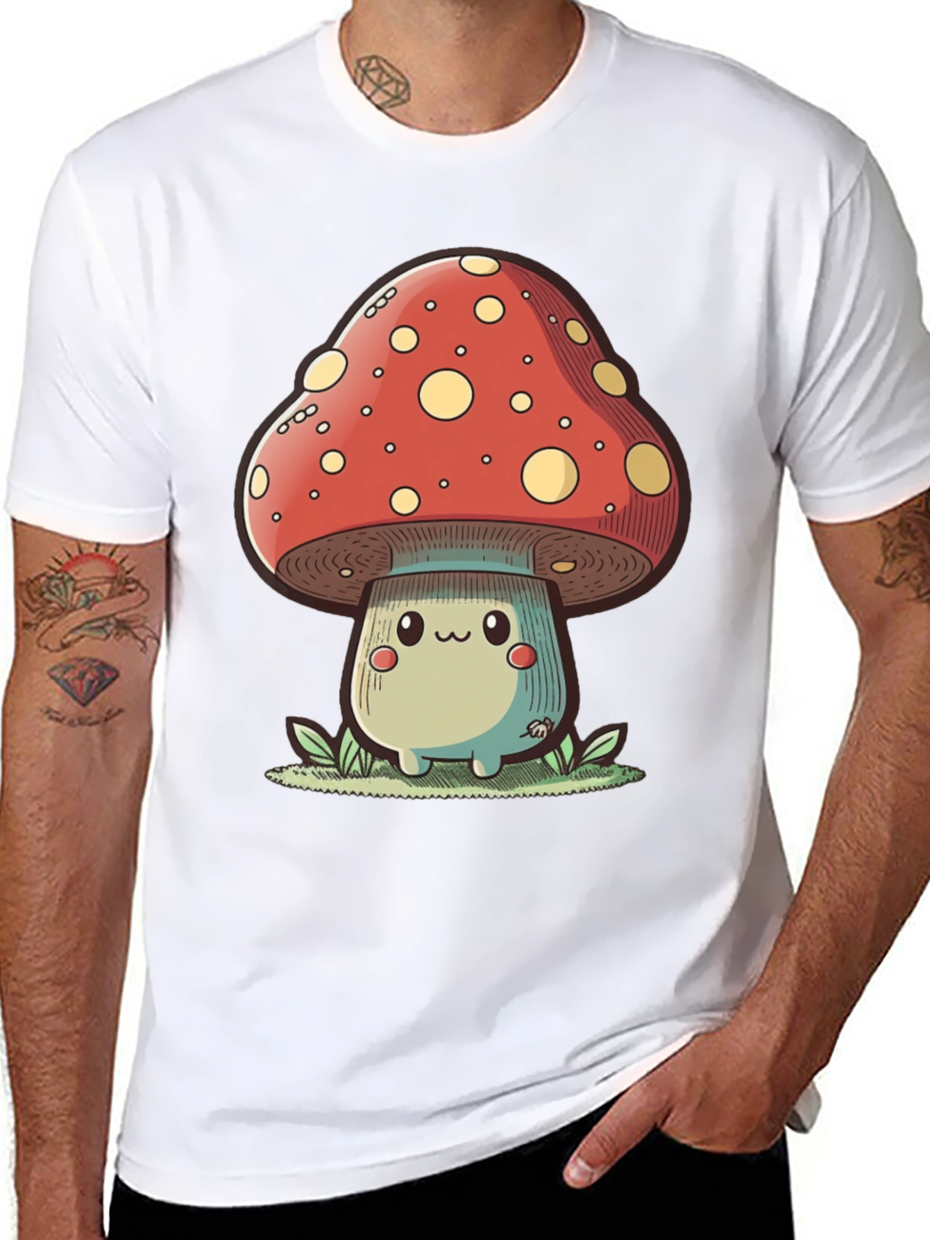Cute Mushroom Graphic Tee - Black Cotton T-Shirt