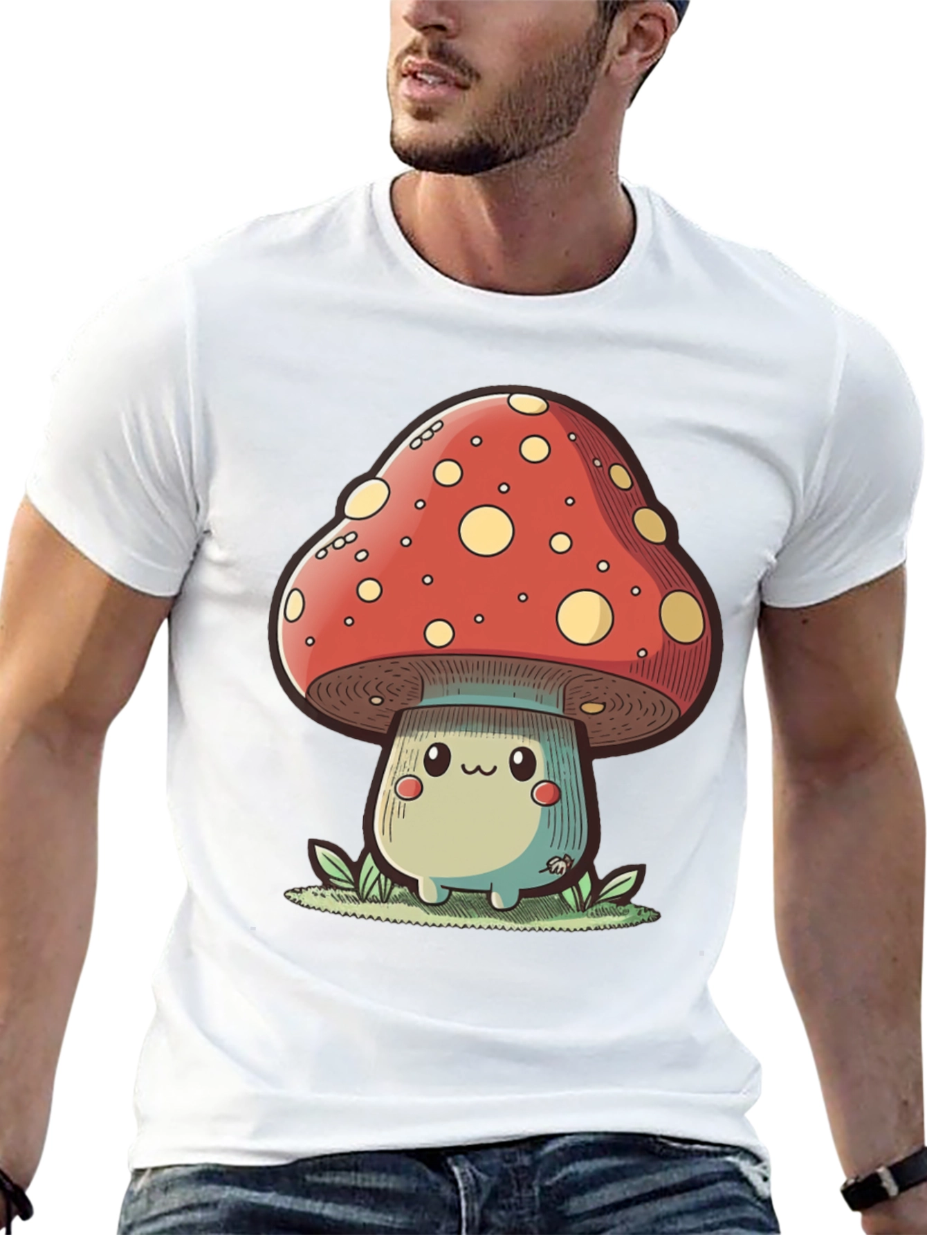 Cute Mushroom Graphic Tee - Black Cotton T-Shirt