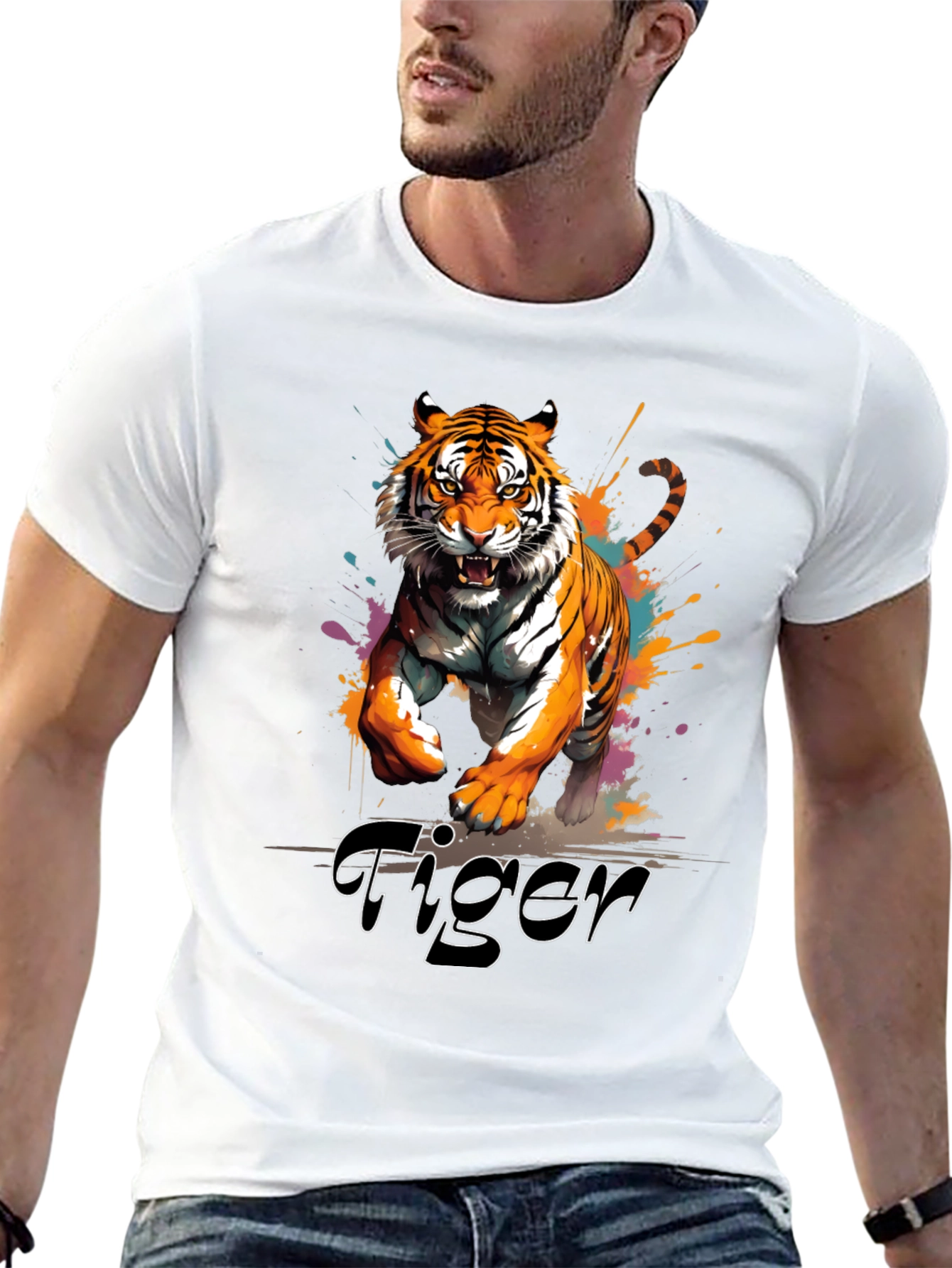 Tiger Graphic Print Crew Neck T-Shirt