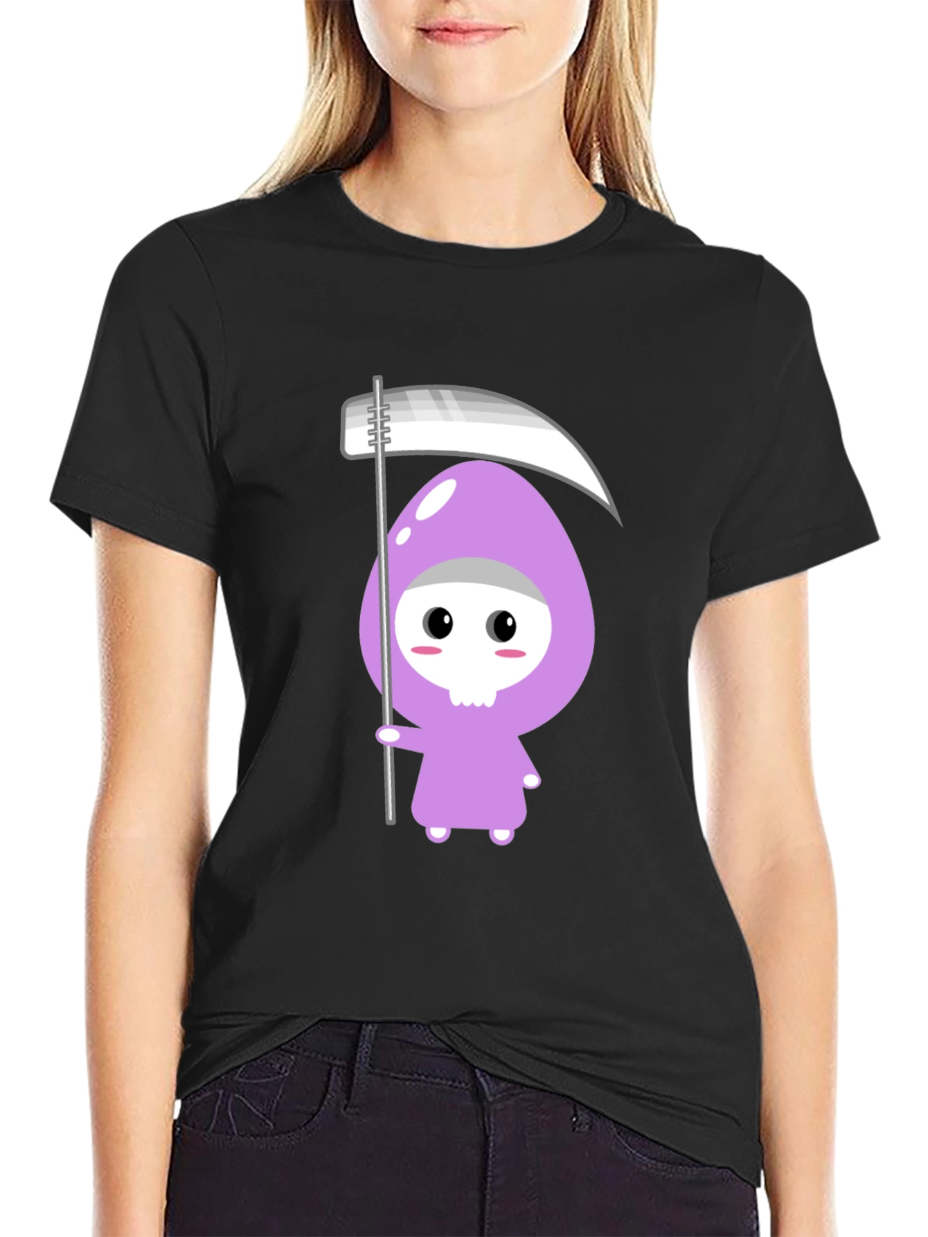 Cute Grim Reaper Graphic T-Shirt - Black Cotton Tee