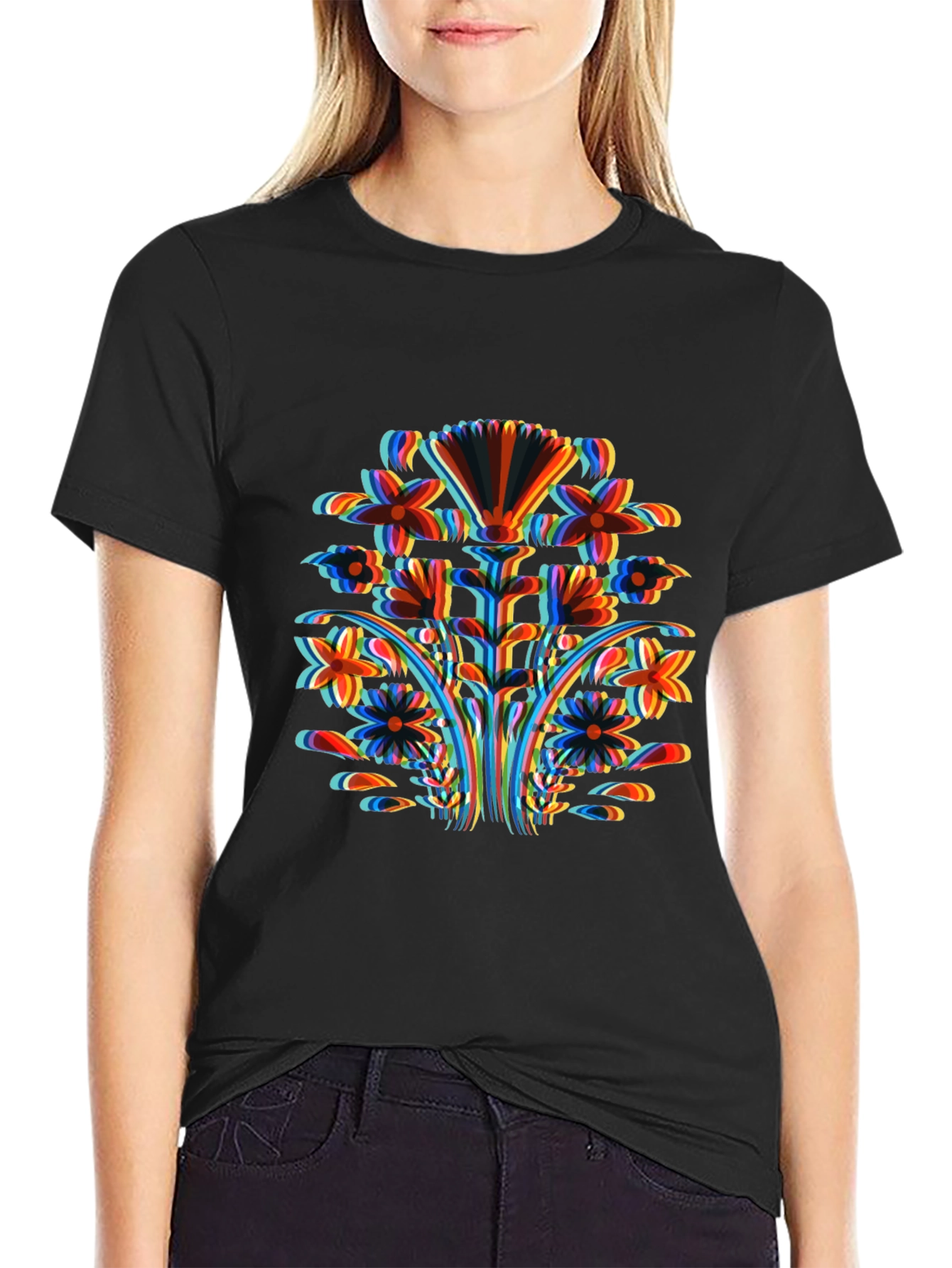 Abstract Floral Print Black T-Shirt