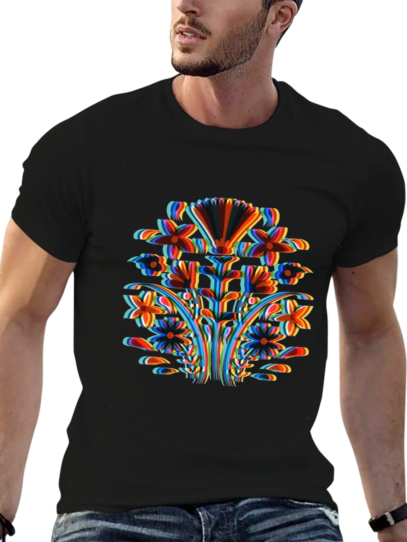 Abstract Floral Print Black T-Shirt