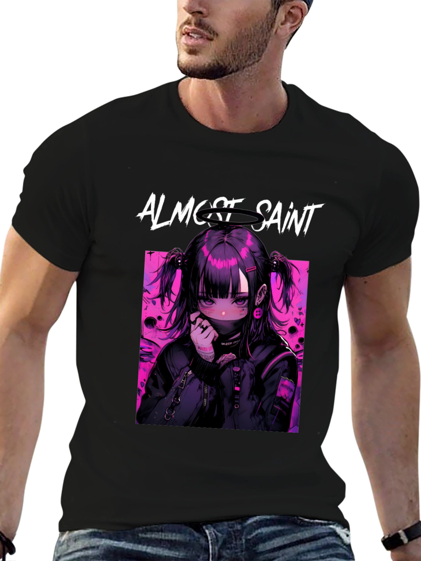 Almost Saint Anime Graphic Tee - Black