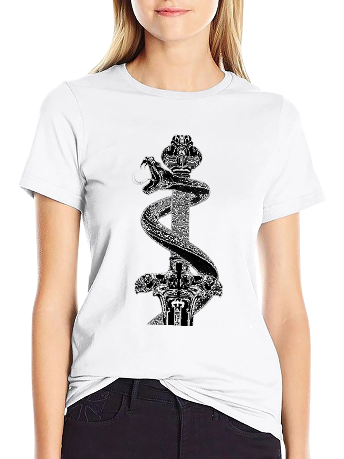 Black T-Shirt with Snake & Sword Graphic