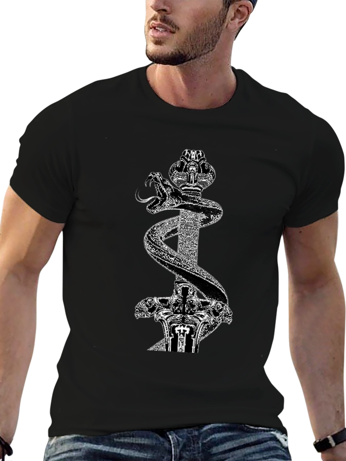 Black T-Shirt with Snake & Sword Graphic