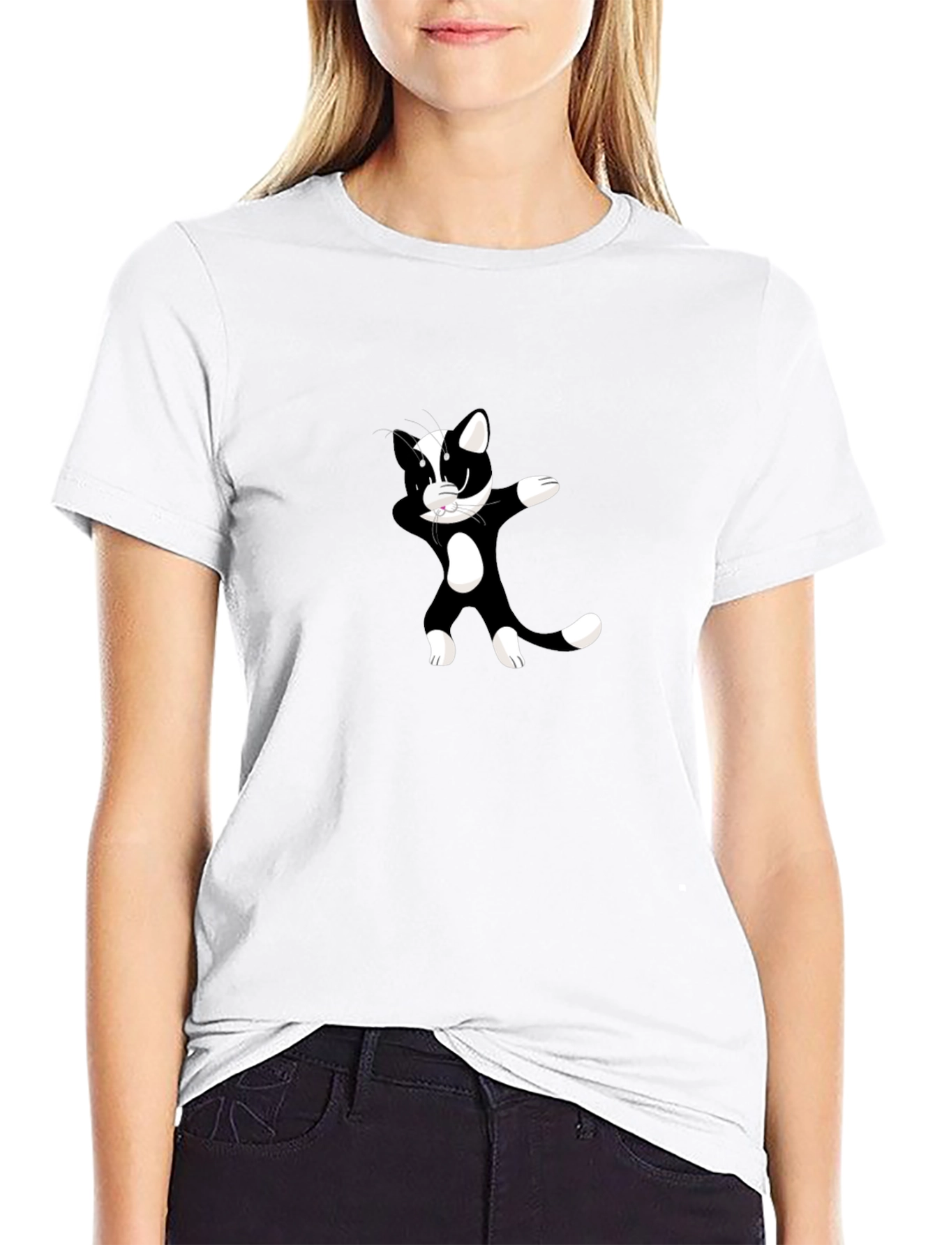 Dabbing Cat Graphic T-Shirt - Black Crew Neck Tee