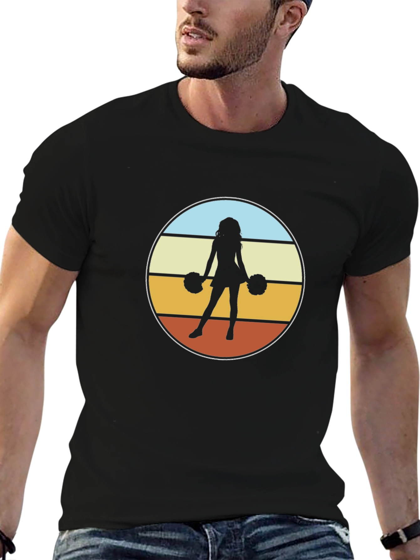 Retro Cheerleader Graphic Tee - Black Cotton Blend