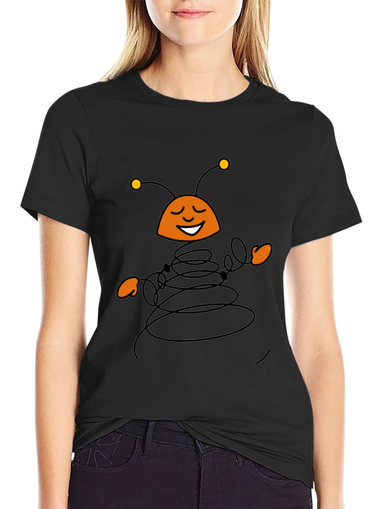 Whimsical Cartoon Insect Black T-Shirt