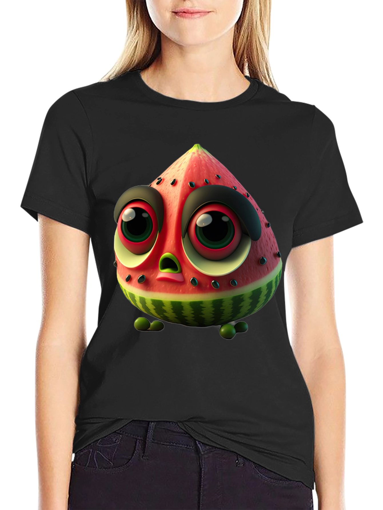 Whimsical Watermelon Character Black T-Shirt